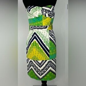 $199 Trina Turk Cora strapless sweetheart green, navy, yellow & white mini dress